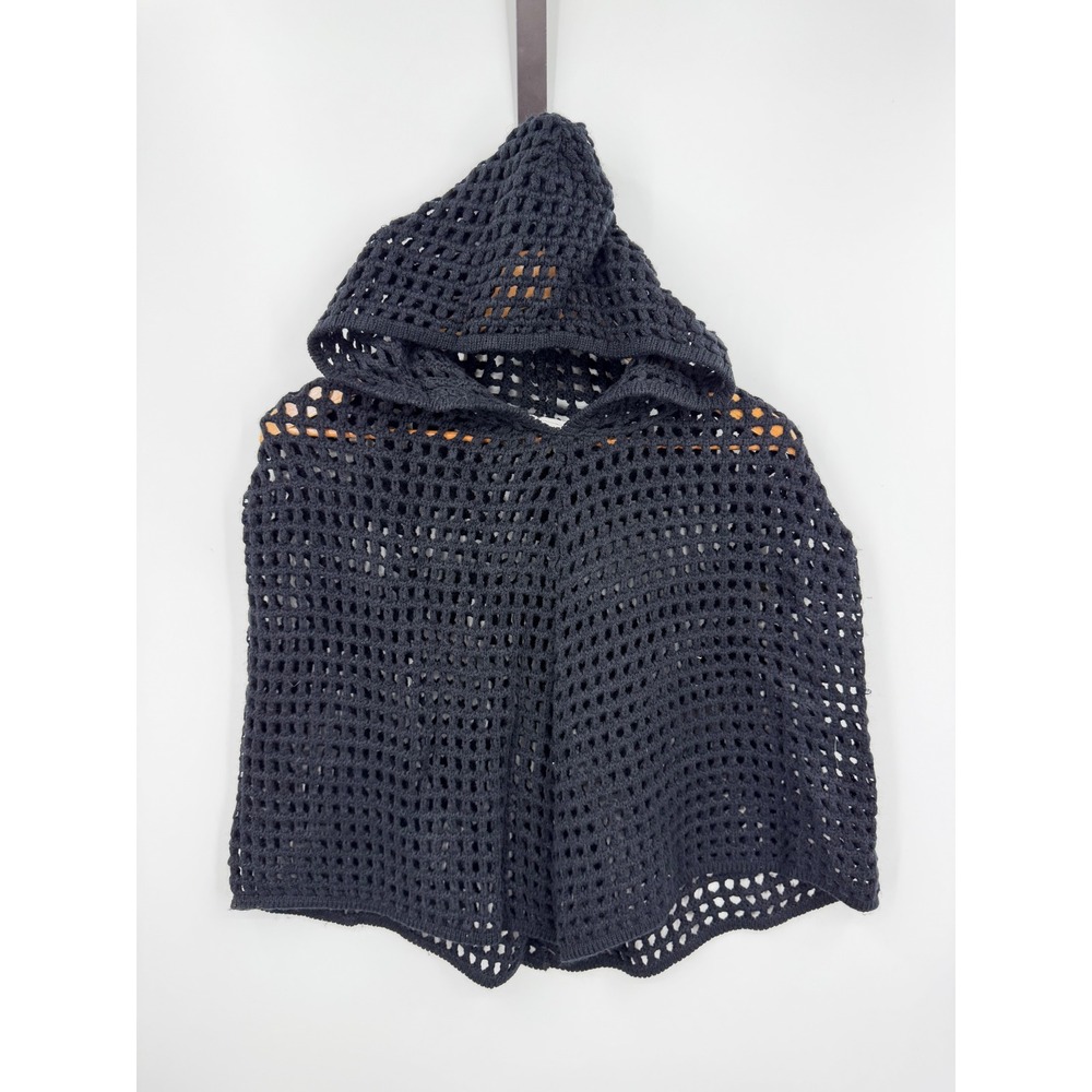 American Attitudes Hooded Poncho Women OS Black Crochet Open Knit Mesh Made USA